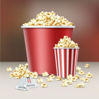 Free Vector | Vector two white and red striped buckets of popcorn kernels with cinema tickets close up side view on blur background