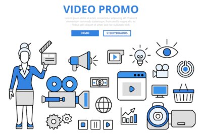Free Vector | Video promo digital marketing promotion technology concept flat line art  icons.