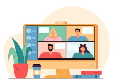 Free Vector | Videoconference with happy people on desktop flat illustration