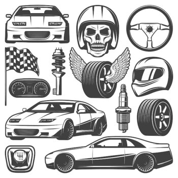 Free Vector | Vintage car racing icons set with automobiles steering wheel tires speedometer skull helmet gearbox flag shock absorber spark plug isolated