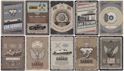 Free Vector | Vintage car service brochures collection with retro automobiles engine pistons flags gas station and auto parts isolated