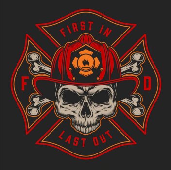 Free Vector | Vintage fireman colorful print with inscriptions axes and skull in firefighter helmet on black background illustration
