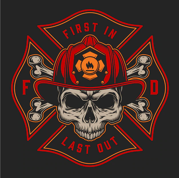 Free Vector | Vintage fireman colorful print with inscriptions axes and skull in firefighter helmet on black background illustration