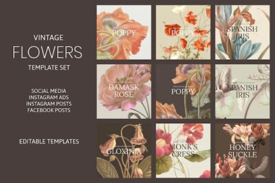 Free Vector | Vintage flower vector template set, remixed from public domain artworks
