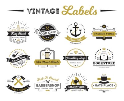 Free Vector | Vintage labels of hotel shops and cafe including bookstore barber