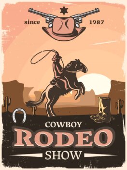 Free Vector | Vintage wild west poster with cowboy rodeo show descriptions since 1987 and rider with lasso