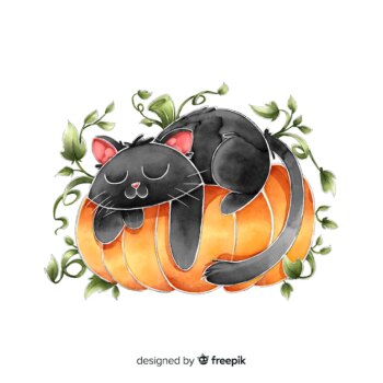 Free Vector | Watercolor halloween black cat sleeping on a pumpkin