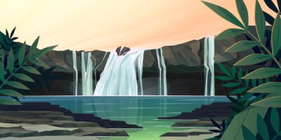 Free Vector | Waterfall cascade in jungle forest cartoon landscape. river stream flowing from rocks to creek or lake with palm tree branches around. water jet falling from stones in wild park, vector illustration
