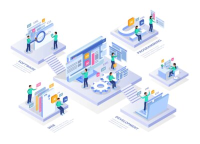Free Vector | Web development isometric concept infographics composition with platforms text captions and people characters icons and screens  illustration
