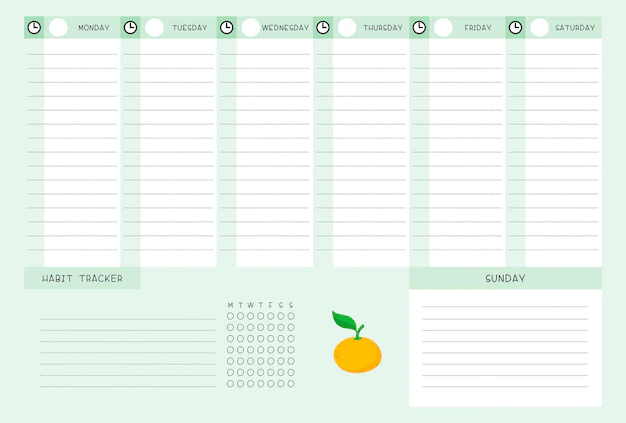 Free Vector | Week timetable and habit tracker with tangerine template. calendar design with citrus cartoon illustration. personal tasks organizer blank page for planner
