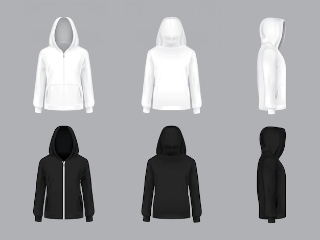 Free Vector | White and black hoodie with long sleeves and pockets, front, back, side view,