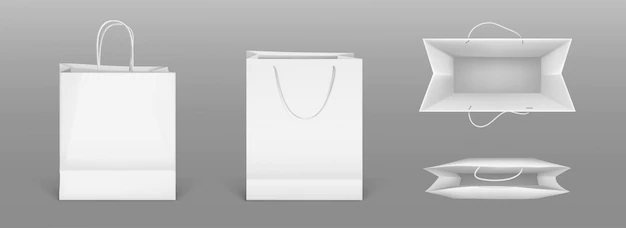 Free Vector | White paper shopping bags front and top view. realistic mockup of blank packet with handles isolated on gray background. template for corporate design on cardboard bag for store or market