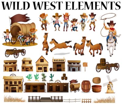 Free Vector | Wild west cowboys and buildings  illustration