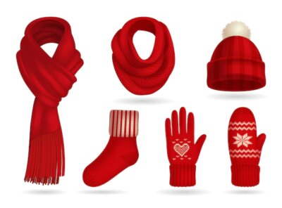 Free Vector | Winter red knitted clothes realistic set with mittens and scarf isolated