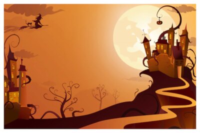 Free Vector | Witch flying to mysterious house illustration