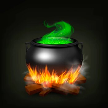 Free Vector | Witch pot on fire wood with green potion and steam on black background realistic  illustration