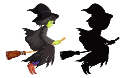 Free Vector | Witch with broomstick in color and silhouette cartoon character isolated on white background