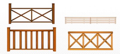 Free Vector | Wooden fences, handrail, balustrade sections with rhombus and grates patterns balcony panels, stairway or terrace fencing architecture isolated design elements, 3d vector realistic illustration set