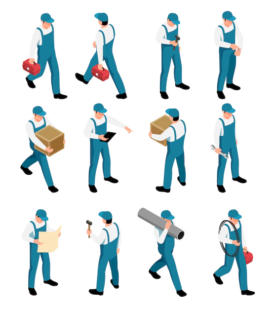 Free Vector | Workers isometric icons set with male characters in uniform with tools in different poses isolated
