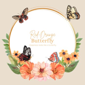 Free Vector | Wreath template with red and orange butterfly in watercolor style