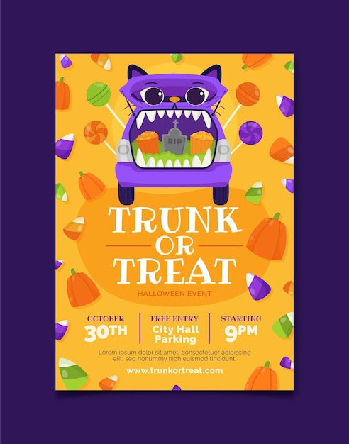 Free Vector | Hand drawn flat trunk or treat vertical flyer template