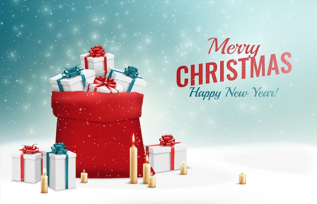 Free Vector | Merry christmas and happy new year  greeting card with illustration. red sack with gifts