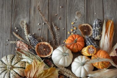 Free Photo | Close-up of pumpkin, corn and autumn leaves on a wooden background, top view.