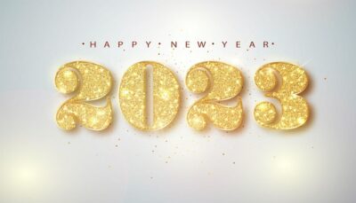 Free Vector | 2023 happy new year gold numbers design of greeting card of falling shiny confetti gold shining pattern