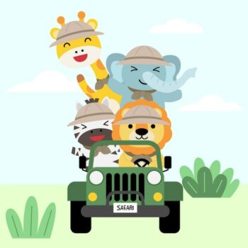 Free Vector | A set of big isolated   animal adventure traveling illustration, hand drawn style, hiking and camping concept with traveling elements  .