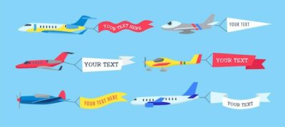 Free Vector | Aircrafts in sky with banners for text cartoon illustration set. plane, airplane, airline, biplane flying with advertising ribbons, flags. flying advertising, aviation, transportation, flight concept