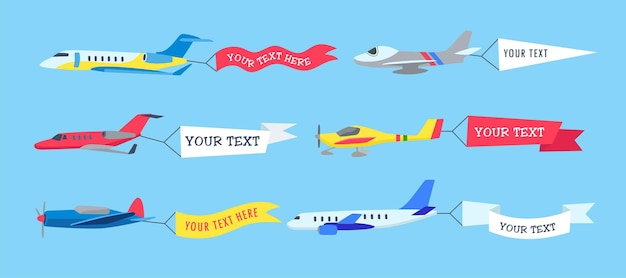 Free Vector | Aircrafts in sky with banners for text cartoon illustration set. plane, airplane, airline, biplane flying with advertising ribbons, flags. flying advertising, aviation, transportation, flight concept