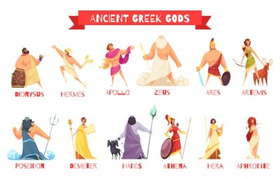Free Vector | Ancient greek gods 2 horizontal cartoon figures sets with dionysus zeus poseidon aphrodite apollo athena