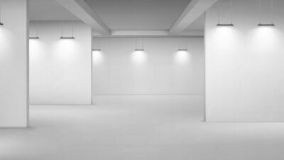 Free Vector | Art gallery empty interior, 3d room with white walls, floor and illumination lamps. museum passages with lights for pictures presentation, photography contest exhibition hall