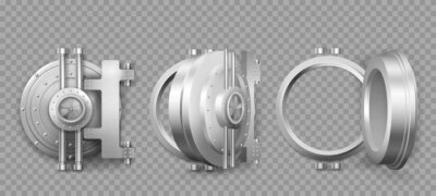 Free Vector | Bank safe vault door opening motion sequence animation. metal steel round gate close, slightly ajar and open, isolated mechanism with welds and rivets. gold and money storage, realistic 3d vector set