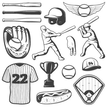 Free Vector | Baseball monochrome elements set with sports outfit and gesture trophy players hot dog isolated