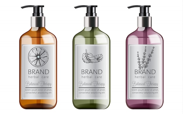 Free Vector | Bottles of organic shampoo with herbal care. various plants and colors. mint, orange and lavender