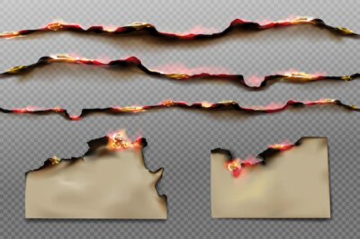 Free Vector | Burnt paper edges and parchment sheets with fire and black ash isolated on transparent background