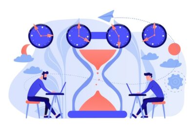 Free Vector | Busy businessmen with laptops near hourglass working in different time zones. time zones, international time, world business time concept illustration