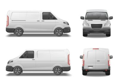 Free Vector | Car van mockup set with isolated realistic images of automobile from different angles on blank background vector illustration