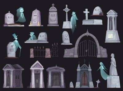 Free Vector | Cartoon icons set with old cemetery fence chapel tombstone crypt cross and ghost isolated on black background vector illustration