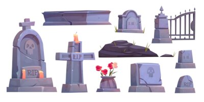 Free Vector | Cemetery set, graveyard tombstone, metal gate