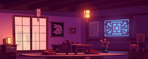 Free Vector | Chinese living room with wooden table, chair and red cushions at night.