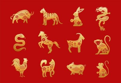 Free Vector | Chinese zodiac animals. twelve asian new year golden characters set isolated