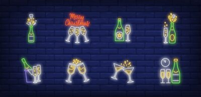 Free Vector | Christmas champagne symbols set in neon style
