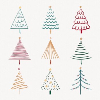 Free Vector | Christmas doodle sticker, cute tree and animal illustration in red and green vector set