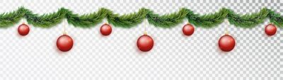 Free Vector | Christmas garland of branches with red new balls and falling snow isolated on transparent background. seamless banner, can be extended to desired size.