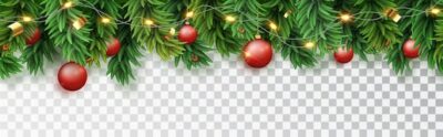 Free Vector | Christmas horizontal seamless frame with fir branches diode garland and red christmas toys