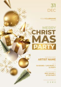 Free Vector | Christmas party poster with realistic ornaments