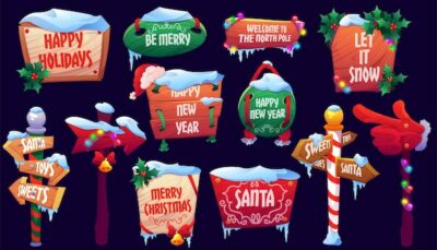 Free Vector | Christmas signboards, wooden signs with snow, santa hat, garlands and bells with holly leaves. wood banners, road direction arrows on striped poles, holiday billboards cartoon vector illustration set
