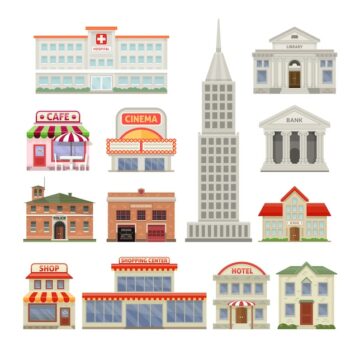 Free Vector | City buildings set with administrative and residential constructions hotel cafe and cinema isolated vector illustration